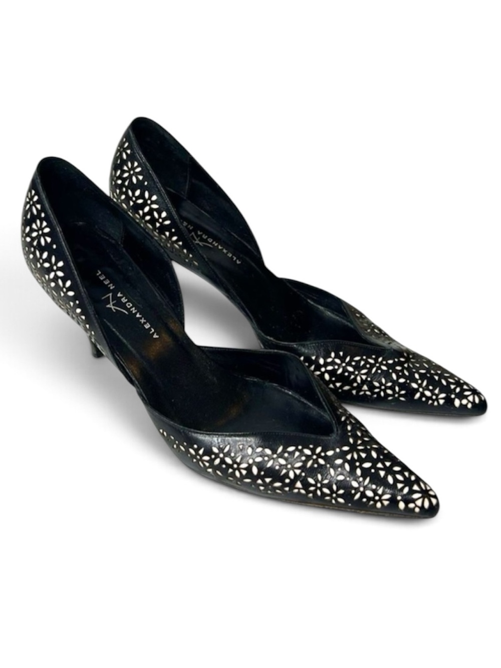 Alexandra Neel Black Leather D’Orsay Pumps Laser Cut Floral EU 39.5